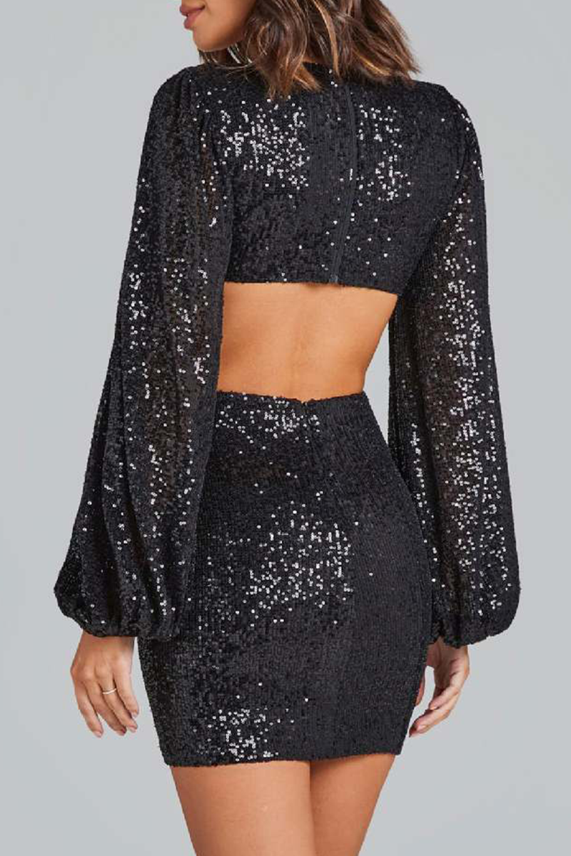 Sparkling V-Neck Sequin Mini Dress - View 7 | Clistos