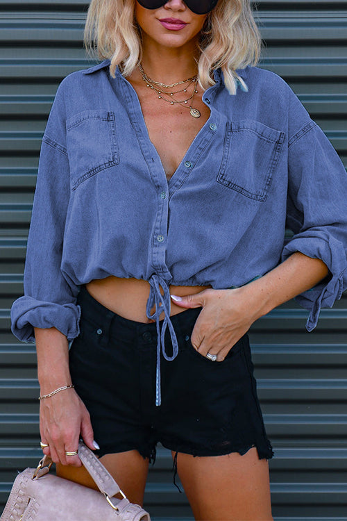 Cropped denim shirt with drawstring hem - View 8 | Clistos