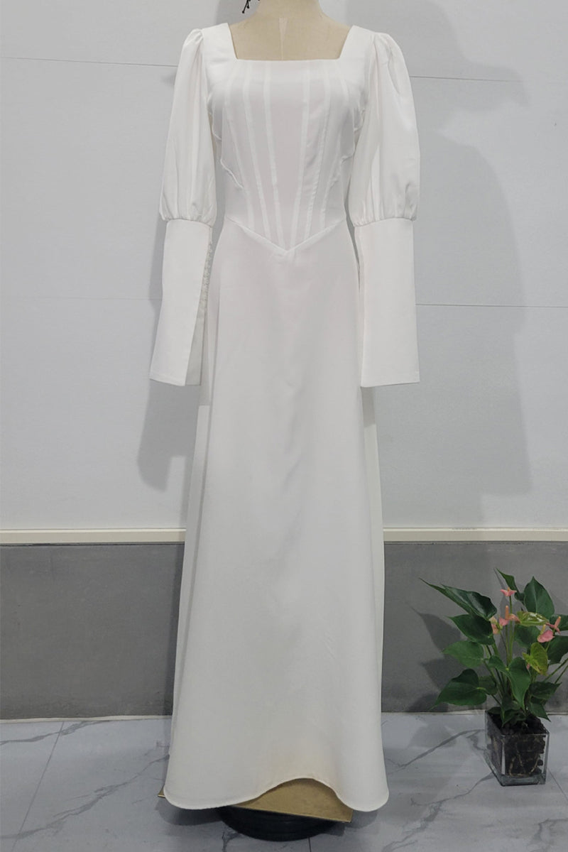 A white dress with a square neckline, corset bodice, and long sleeves is displayed on a mannequin.
