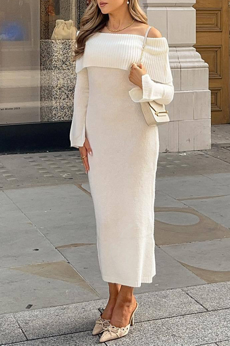 A woman wearing a white off-the-shoulder knit midi dress with long sleeves, paired with beige pointed-toe heels and a small cream crossbody bag.