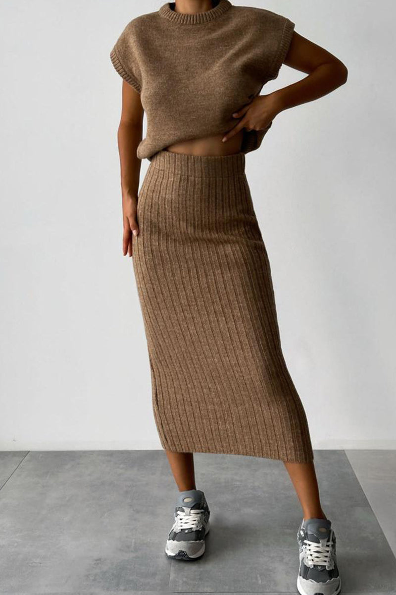 Clistos elegant simplicity solid weave O neck sleeveless two pieces set - View 6 | Clistos