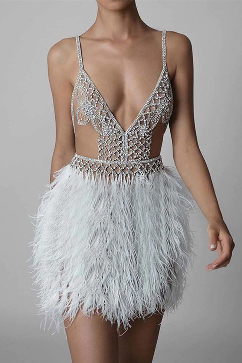Feather Trim Plunge Neck Mini Party Dress - View 6 | Clistos