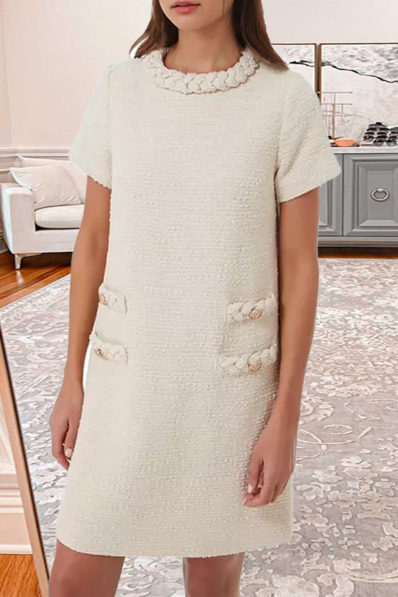 Textured tweed A-line dress with decorative buttons - View 8 | Clistos