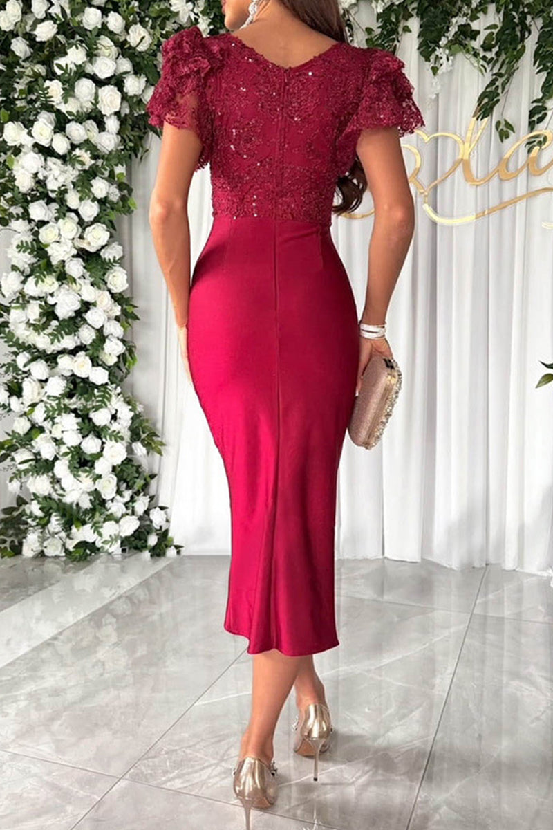 Elegant sequin wrap V-neck short sleeve dress - View 8 | Clistos