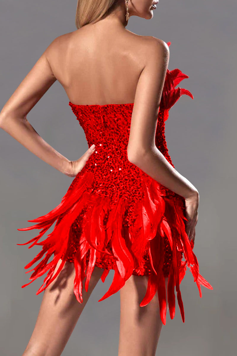 Strapless sequin feather mini dress - View 6 | Clistos