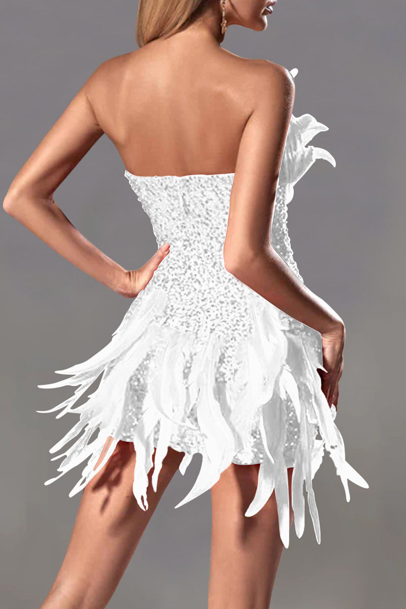 Strapless sequin feather mini dress - View 8 | Clistos