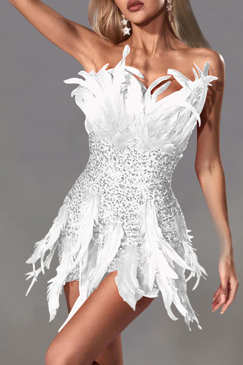 Strapless sequin feather mini dress - View 7 | Clistos