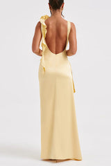 Clistos Backless Ruched Satin Evening Gown - View 8 | Clistos