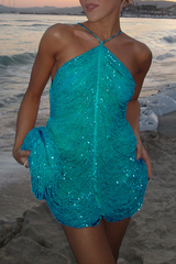 Beaded Halter Mini Party Dress - View 7 | Clistos