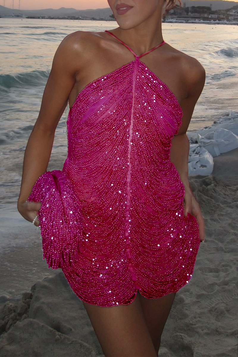 Beaded Halter Mini Party Dress - View 8 | Clistos