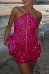 Beaded Halter Mini Party Dress - View 8 | Clistos