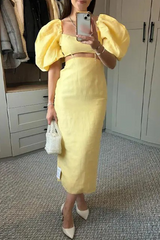 Yellow Hollow Out Square Neck Maxi Dress with Puff Sleeves by Clistos - View 7 | Clistos