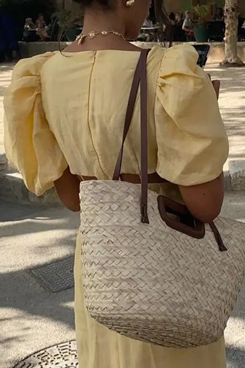 Yellow Hollow Out Square Neck Maxi Dress with Puff Sleeves by Clistos - View 6 | Clistos