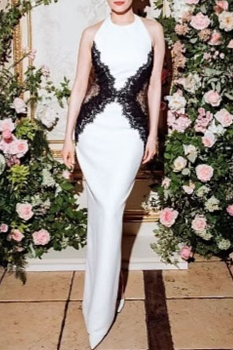 Clistos white backless halter maxi dress with lace detail - View 7 | Clistos