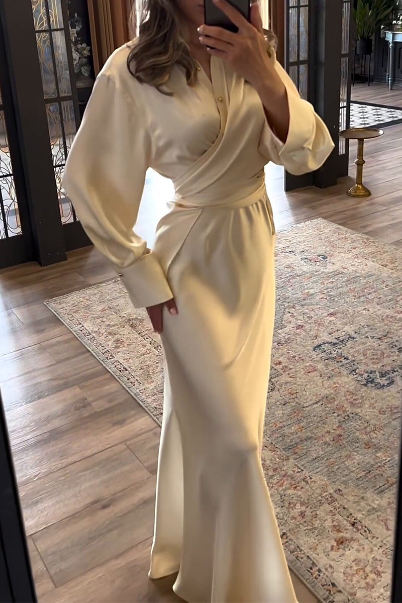Elegant Satin Ruched Turndown Collar Long Sleeve Two-Piece Set in Apricot - View 7 | Clistos