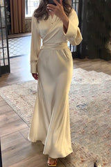 Elegant Satin Ruched Turndown Collar Long Sleeve Two-Piece Set in Apricot - View 6 | Clistos