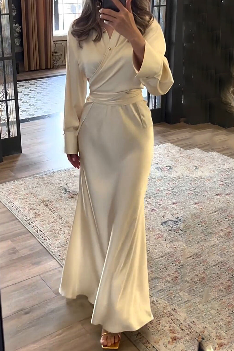 Elegant Satin Ruched Turndown Collar Long Sleeve Two-Piece Set in Apricot - View 6 | Clistos