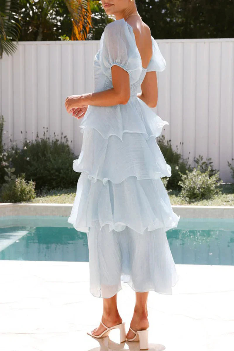 Sky Blue Backless Square Neck Puff Sleeve Tiered Maxi Dress - View 6 | Clistos