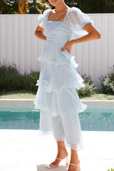 Sky Blue Backless Square Neck Puff Sleeve Tiered Maxi Dress - View 7 | Clistos