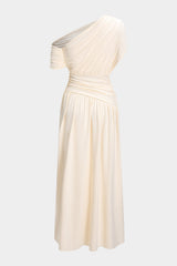 Cream one-shoulder ruched maxi dress, back view