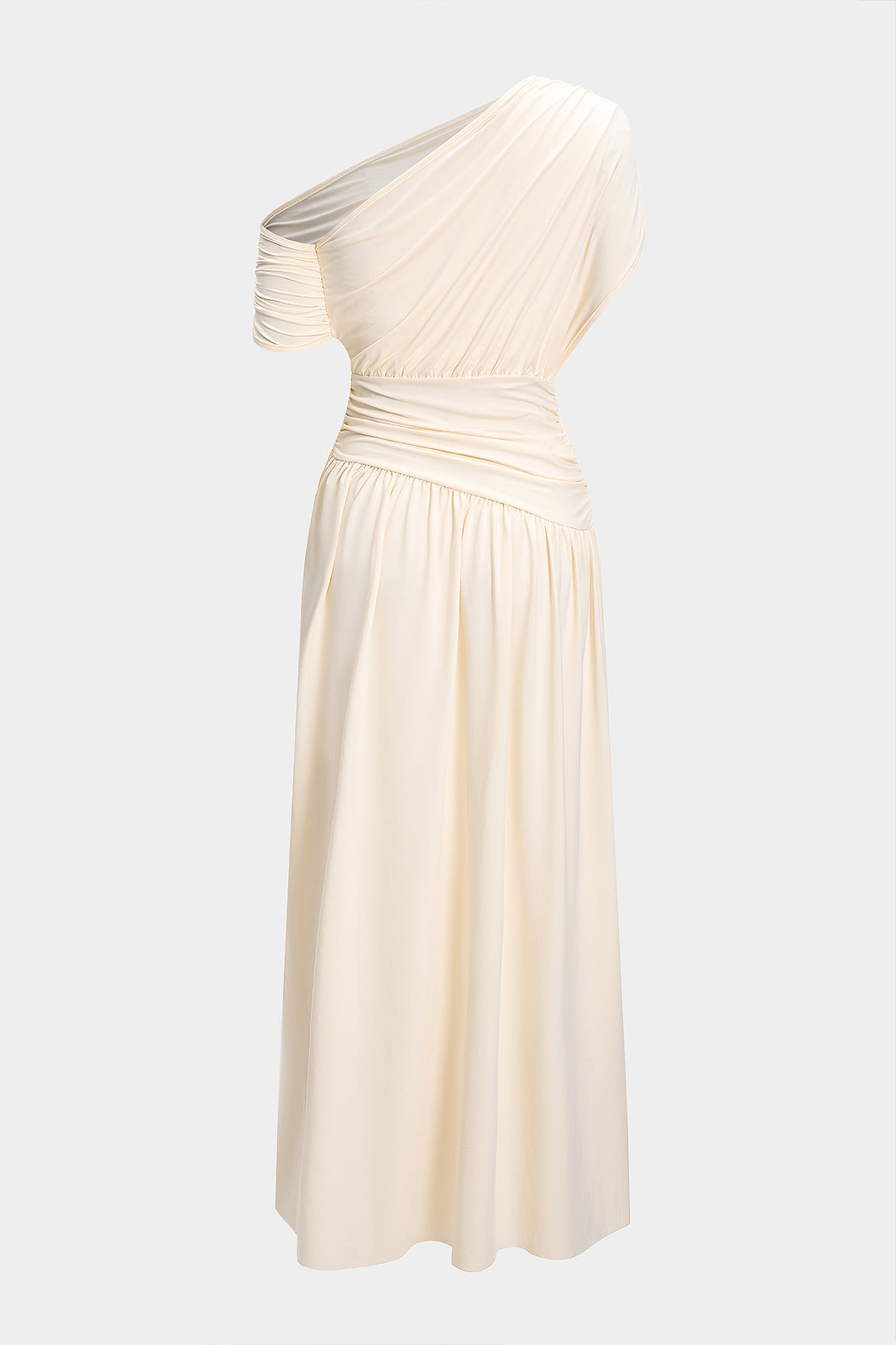 Cream one-shoulder ruched maxi dress, back view