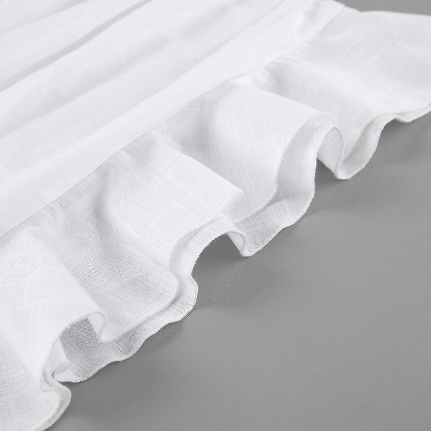 White ruched v-neck bodycon mini dress with blazer collar and ruffle hem - View 18 | Clistos