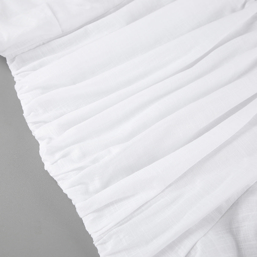 White ruched v-neck bodycon mini dress with blazer collar and ruffle hem - View 19 | Clistos