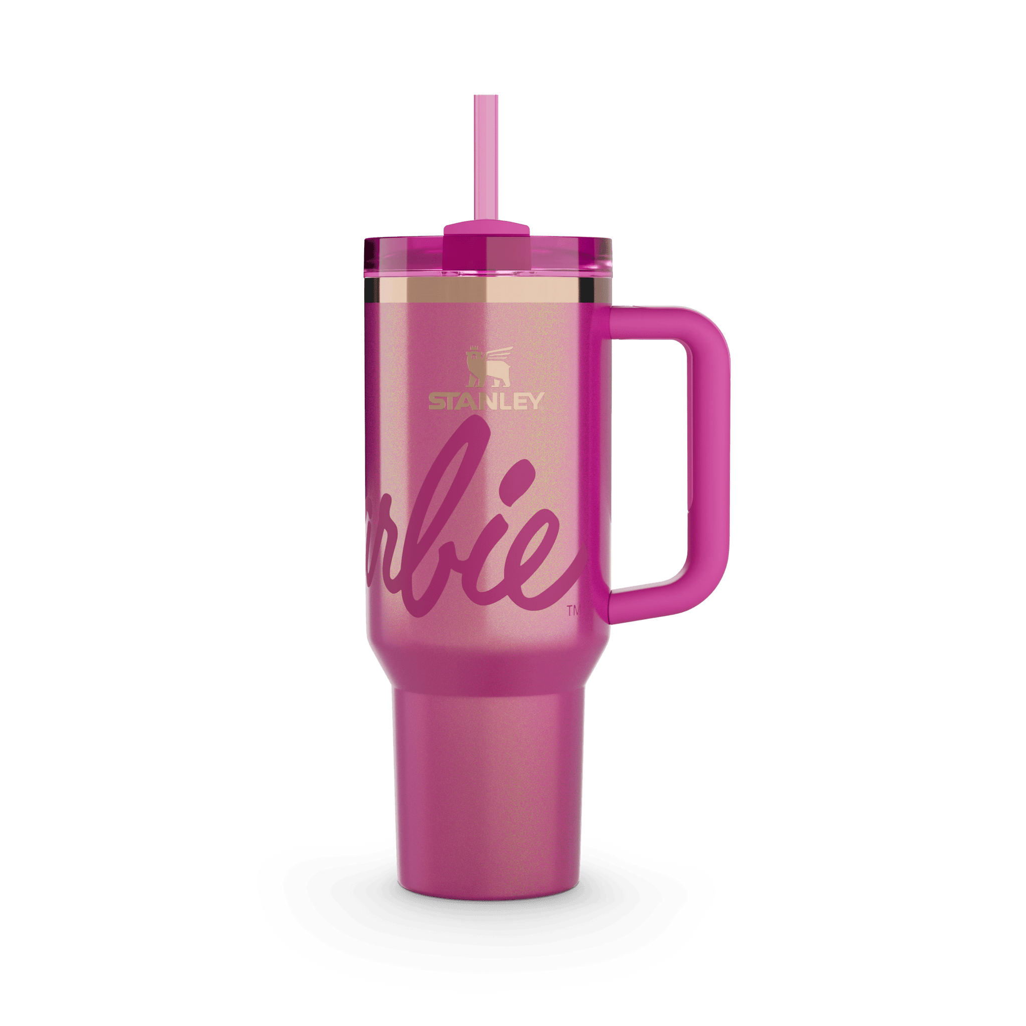 Stanley x Barbie pink metallic tumbler with handle and straw, isolated on white background.
