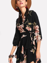 close-up of a black floral wrap dress