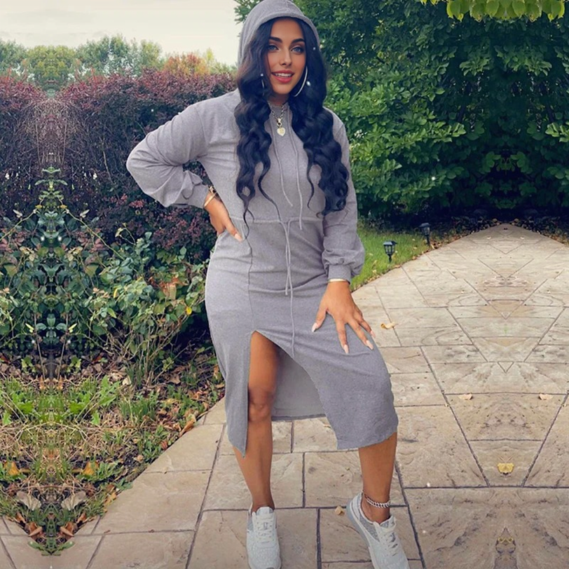 Hooded knit midi dress with drawstring waist and high slit - View 7 | Clistos