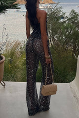 Sequin halter lace up crop top and wide leg pants set - View 8 | Clistos
