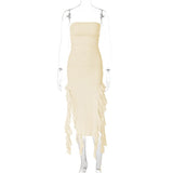 Cream strapless ruched midi dress with ruffled asymmetrical hemline and high slit on a mannequin.