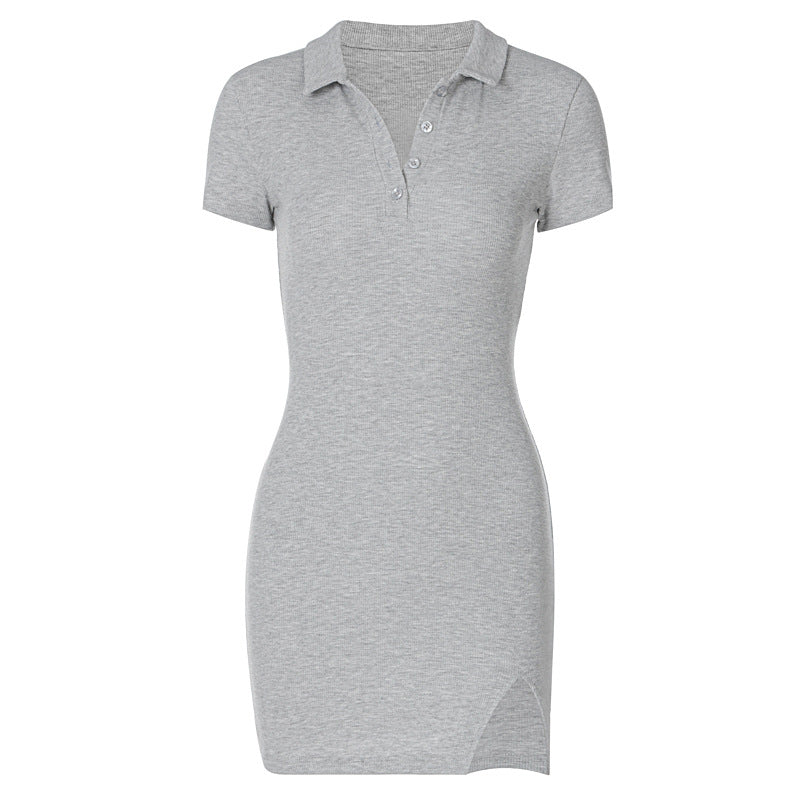 A grey ribbed knit polo dress with short sleeves and a side slit.
