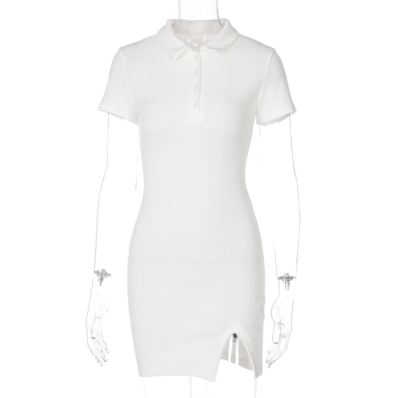Clistos Ribbed Knit Short Sleeve Polo Collar Slit Mini Dress - View 8 | Clistos
