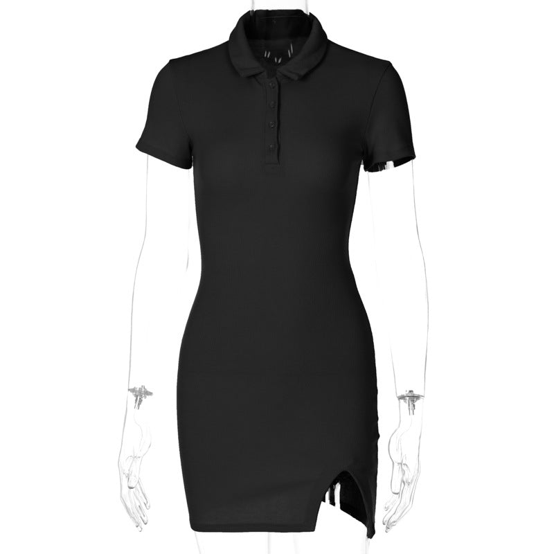 Clistos Ribbed Knit Short Sleeve Polo Collar Slit Mini Dress - View 7 | Clistos
