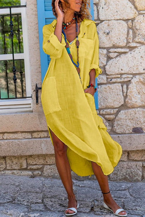 woman in yellow linen-like dress
