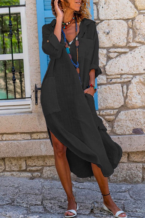 woman in black linen-like dress