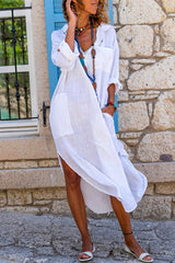 woman in white linen-like dress