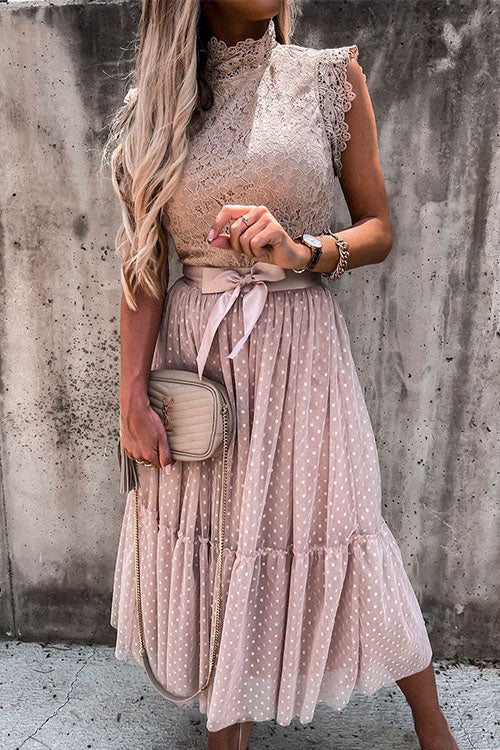 Lace Mock Neck Sleeveless Swing Dress - View 6 | Clistos
