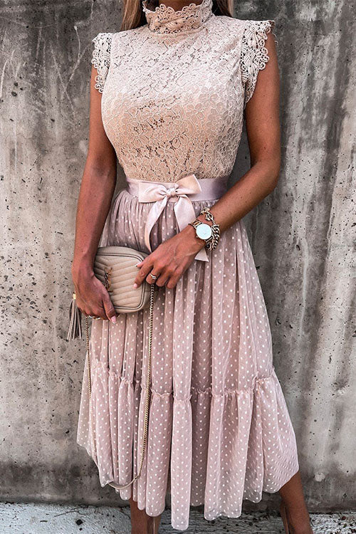 Lace Mock Neck Sleeveless Swing Dress - View 7 | Clistos
