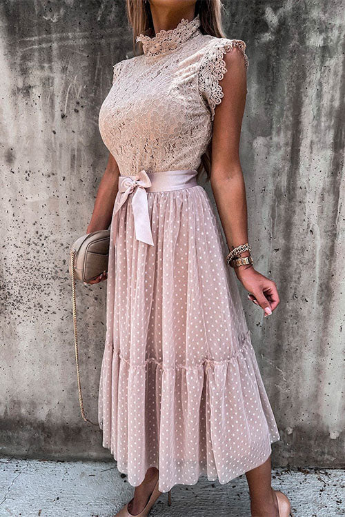 Lace Mock Neck Sleeveless Swing Dress - View 8 | Clistos