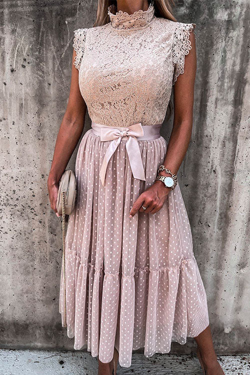 Lace Mock Neck Sleeveless Swing Dress - View 10 | Clistos