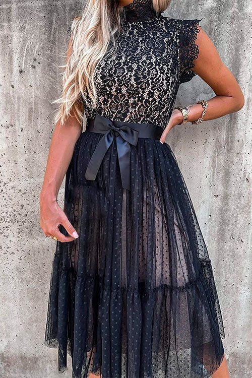 Lace Mock Neck Sleeveless Swing Dress - View 11 | Clistos