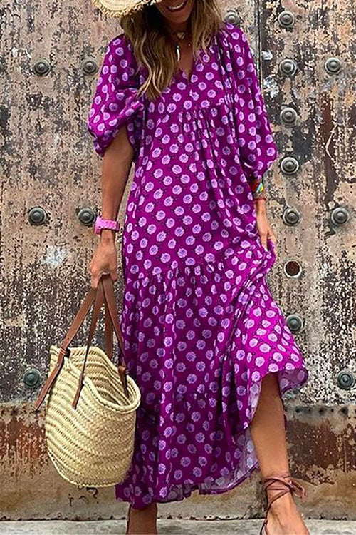 Puff Sleeve Geometric Print A-Line Dress by Clistos - View 7 | Clistos