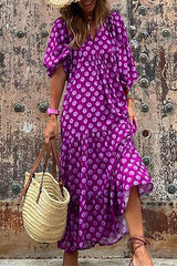 Puff Sleeve Geometric Print A-Line Dress by Clistos - View 7 | Clistos