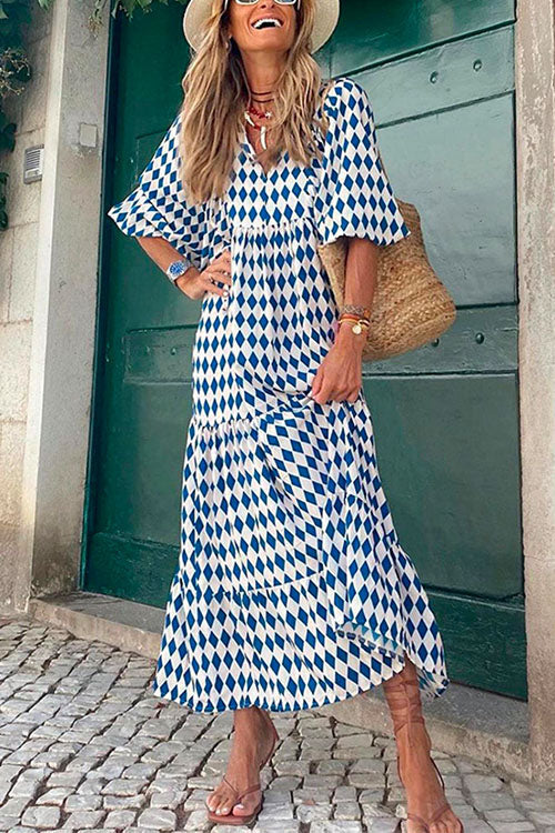 Puff Sleeve Geometric Print A-Line Dress by Clistos - View 8 | Clistos