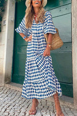 Puff Sleeve Geometric Print A-Line Dress by Clistos - View 8 | Clistos