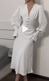 V-neck ruched crepe fit and flare dress - View 13 | Clistos