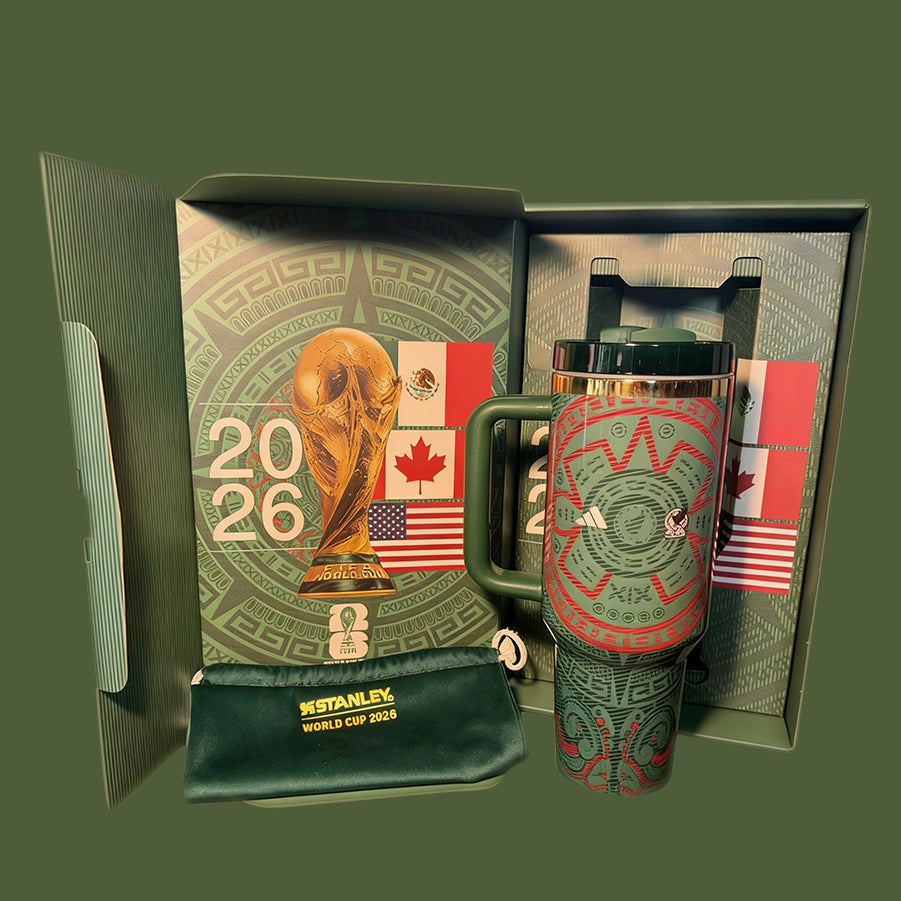 Stanley World Cup 2026 40oz Tumbler in deep green and red with matching accessories and premium collector gift box - View 1 | Clistos