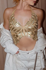 Halter neck cutout crop top with sequin butterfly pattern - View 6 | Clistos